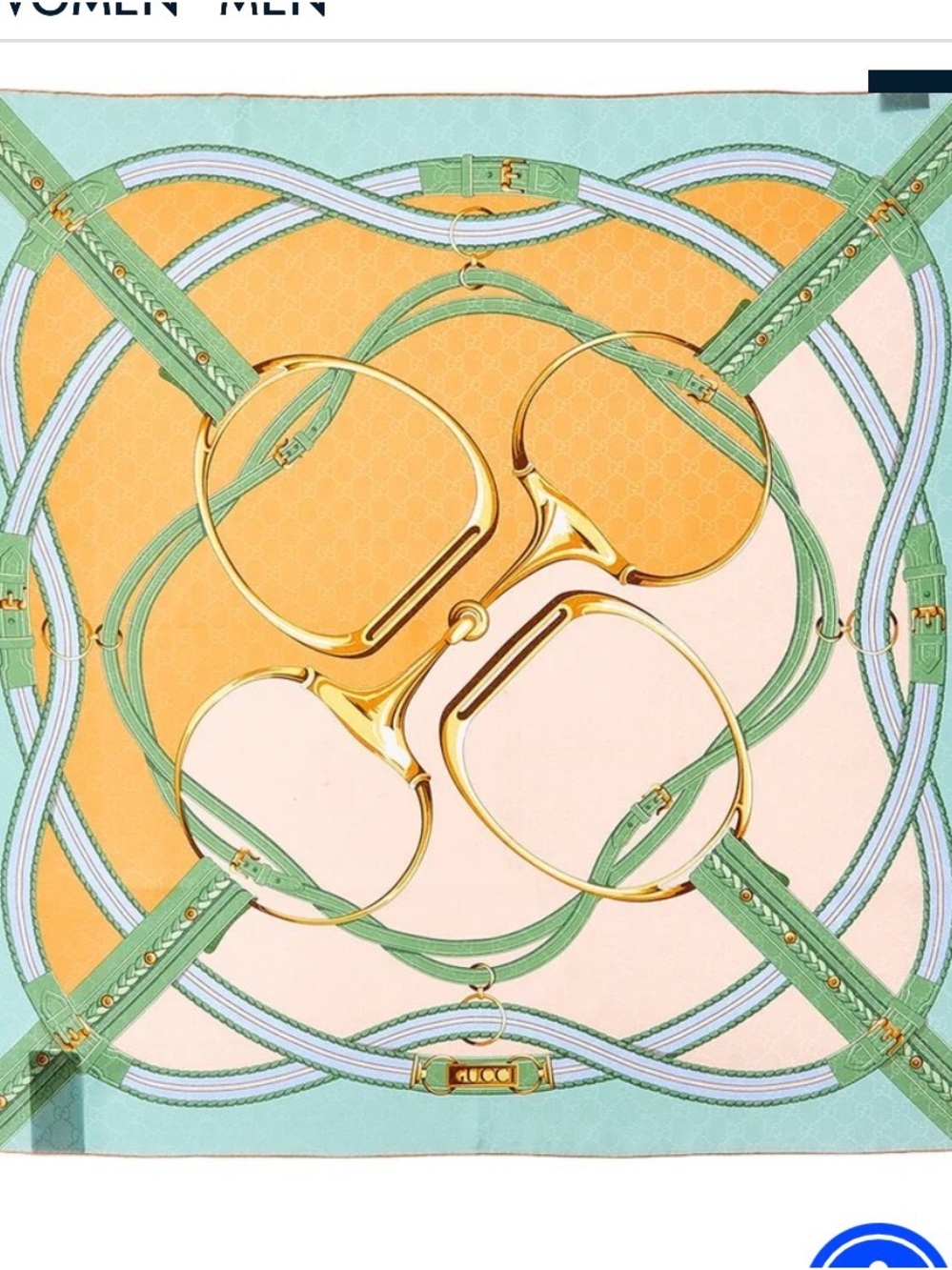 Gucci Mint Green, Peach & Gold Equestrian Print Silk Scarf